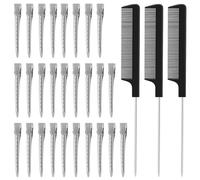 Mia Klein Metal Duckbill Clips for Women Styling, Rust-proof, 24pcs(3.5Inch) Silver, Alligator Curl Clips for Hair Salon With 3 Pcs 8.6" Pin Rat Tail Combs