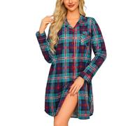 MIA LUCCE Long Sleeve Nightdresses for Women UK Checked Womens Nightdresses, Button Up Ladies Nightwear Women's Nightwear Soft Checked Flannel Nighties(Large,Black Green Red Grid)