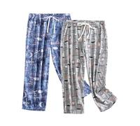 MIA LUCCE Pyjama Bottoms Womens Capri Cropped Pyjamas for Women Stretch Drawstring Soft Pj Bottoms Soft Lounge Sleepwear(Grey Blue Coffee Cup Alphabet,XL)