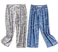 MIA LUCCE Pyjama Bottoms Womens Capri Cropped Pyjamas for Women Stretch Drawstring Soft Pj Bottoms Soft Lounge Sleepwear(Grey Coffee Blue Star,L)