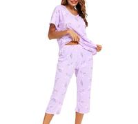 MIA LUCCE Women's 2-Piece Pyjamas, Summer Sleepwear, Short Cotton Leisure Suit, Capri Sleepwear Top and 3/4 Trousers, S-XXL, Purple Bunny, M