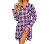 MIA LUCCE Women's Flannel Nightdress with Button Placket and Plaid, Long, Magenta Purple Grid, XXL