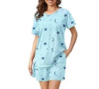 MIA LUCCE Women's Pyjama Sets Short Sleeve Summer Pjs Set Cotton Printed Loungewear Short Sleeve Sleepwear with Pockets S-XXL