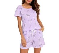 MIA LUCCE Women's Pyjama Sets Short Sleeve Summer Pjs Set Cotton Printed Loungewear Short Sleeve Sleepwear with Pockets S-XXL