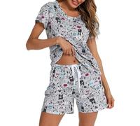 MIA LUCCE Women's Pyjama Sets Short Sleeve Summer Pjs Set Cotton Printed Loungewear Short Sleeve Sleepwear with Pockets S-XXL