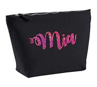 Mia Personalised Name Cotton Canvas Black Make Up with a Holographic Pink Print Accessory Bag Wash Bag Size 14x20cm. The perfect personalised Gift for All occasion, Christmas, Birthdays,