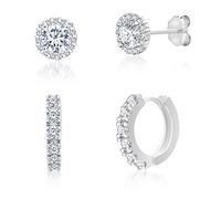 Mia Sarine Rhodium Plated 925 Sterling Silver 2 Cttw Round Cubic Zirconia Stud & Hoop Earrings for Double Pierced Ears 2pc Set