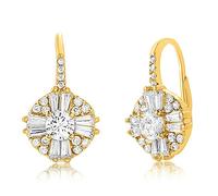 MIA SARINE Rhodium Plated Sterling Silver Cluster Drop Antique Look Cubic Zirconia Leverback Earrings for Women (Yellow)