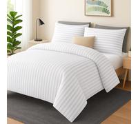 MIA we dress your home Luxury Double Duvet Cover Set - Hotel Quality Satin Stripe White Bedding Set Comforter Quilt Cover With 2 Pillowcases Zip Closure (White, Double)