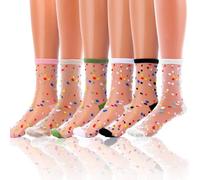 Miaband Sheer Ankle Socks See Through Dot Mesh Tulle Socks Colorful Thin Breathable of Women 6 Pairs, Black White, One size