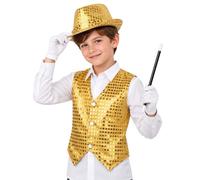 Miaeowve Boys Kids Singer Costume Shiny Ringmaster Costume Gold 9-10 Years | Circus Show,Magic Show Dress-up,Sequins Waistcoat with Hat,5 Pieces Sets,Wand and Gloves,Button Down,Dance King Roleplay