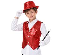 Miaeowve Boys Kids Singer Costume Shiny Ringmaster Costume Red 9-10 Years | Circus Show,Magic Show Dress-up,Sequins Waistcoat with Hat,5 Pieces Sets,Wand and Gloves,Button Down,Dance King Roleplay