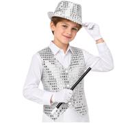 Miaeowve Boys Kids Singer Costume Shiny Ringmaster Costume Silver 3-4 Years | Circus Show,Magic Show Dress-up,Sequins Waistcoat with Hat,5 Pieces Sets,Wand and Gloves,Button Down,Dance King Roleplay