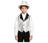 Miaeowve Boys Sequin Vest Hat Set for Dance Party Event Gathering Gear Young Stage Wear Asymmetric Apparel Silver 11-12 Years