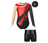 Miaeowve Girls 3Pcs Dance Outfits Mesh Long Sleeve Gymnastics Leotard Ballet Bodysuit Tumbling Biketard Unitard with Shorts Red&Black 9-10 Years