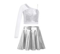 Miaeowve Girls Sequins Jazz Dance Costume Shiny Crop Top with Metallic Skirt Set Ballet Latin Dance Dress Silver 7-8 Years