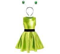 Miaeowve Kids Girls 2 Piece Outer Space Costume Shiny Metallic Alien Solid Color Dress With Hair Hoop Set Green 9-10 Years