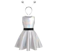 Miaeowve Kids Girls 2 Piece Outer Space Costume Shiny Metallic Alien Solid Color Dress With Hair Hoop Set Silver 11-12 Years