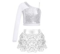 Miaeowve Kids Girls Jazz Dance Costume Shiny Sequin Crop Top with Metallic Skirt Ballet Hip Hop Latin Dance Dress Silver 7-8 Years