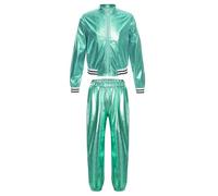 Miaeowve Kids Girls Metallic Hip Hop Tracksuit Shiny Metallic Jacket and Modern Dance Pants Set 2 Piece Dance Outfit Blue Green 7-8 Years