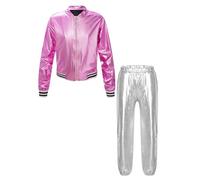 Miaeowve Kids Girls Metallic Hip Hop Tracksuit Shiny Metallic Jacket and Modern Dance Pants Set 2 Piece Dance Outfit Pink&Silver 5-6 Years