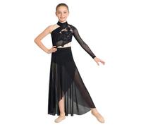 Miaeowve Kids Girls Modern Lyrical Dance Dresses One Shoulder Long Sleeve Flower Applique Ruched Mesh Dress Black 15-16 Years