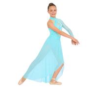 Miaeowve Kids Girls Modern Lyrical Dance Dresses One Shoulder Long Sleeve Flower Applique Ruched Mesh Dress Light Blue 11-12 Years