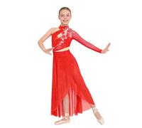 Miaeowve Kids Girls Modern Lyrical Dance Dresses One Shoulder Long Sleeve Flower Applique Ruched Mesh Dress Red 15-16 Years