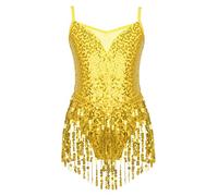 Miaeowve Kids Girls Sequins Tassel Tango Latin Dance Dress Sparkle Samba Rumba Jazz Belly Dance Leotard Dress Gold 13-14 Years