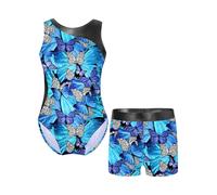 Miaeowve Kids Girls Sleeveless Gymnastics Leotards Dance Biketard Unitard Bodysuit with Shorts Dancewear Swimwear Butterfly Blue 7-8 Years