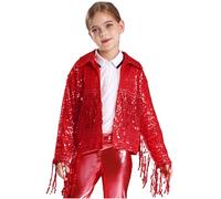 Miaeowve Kids Girls Sparkly Sequin Tassel Jacket Long Sleeve Open Front Coat Carnival Stage Performance Costume Red 7-8 Years