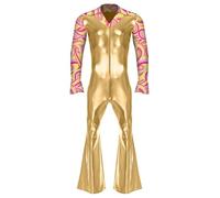 Miaeowve Men's Shiny Metallic Disco Jumpsuit Lapel V Neck Bell Long Sleeve Bottom Rompers Gold L