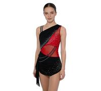 Miaeowve Women Latin Tango Dancewear Ballet Lyrical Dance Leotard Dress Ruched Irregular Mesh Overlay Burgundy S