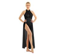 Miaeowve Women Lyrical Dance Costume Sequins Halter Tops Mesh Long Maxi Dress Modern Contemporary Ballet Dancewear Black M