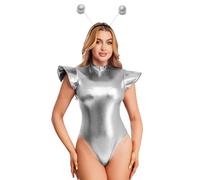 Miaeowve Women Space Alien Robot Cosplay Costume Metallic Shiny Bodysuit Fly Sleeve Jumpsuit With Headwear Silver XXL