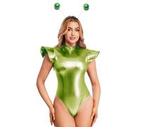 Miaeowve Women Space Alien Robot Cosplay Costume Metallic Shiny Bodysuit Fly Sleeve Jumpsuit With Headwear Fluorescent Green M