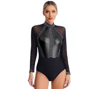 Miaeowve Womens Gymnastics Leotards Rhinestones Sheer Mesh Bodysuit Figure Skating Dancing Ballet Leotard Dancewear Black S
