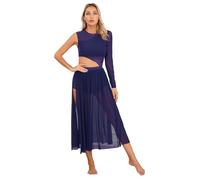Miaeowve Women's Lyrical Dance Costume One Sleeve Sheer Mesh Split Modern Cutout Contemporary Dance Long Dress Navy Blue L