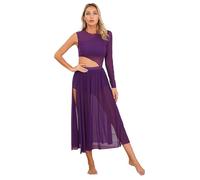 Miaeowve Women's Lyrical Dance Costume One Sleeve Sheer Mesh Split Modern Cutout Contemporary Dance Long Dress Purple S