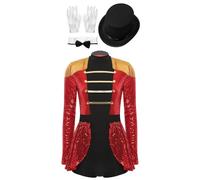 Miaeowve Women's Red Lion Tamer Costume Sequins Ringmaster Circus Long Sleeve Leotard Dress Bodysuit Red A S