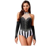 Miaeowve Womens Shiny Rhinestone Leotard Ringmaster Striped Bodysuit with Gloves Circus Halloween Costumes Black M