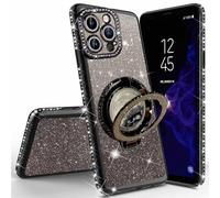 Miagon Bling Case for iPhone 11 Pro Max,Shiny Sparkle Electroplated Bumper Diamond Frame Glitter QuickSand Liquid Ring Stand Silicone Protective Cover Black