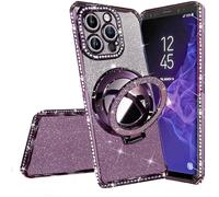 Miagon Bling Case for iPhone 12 Pro Max,Shiny Sparkle Electroplated Bumper Diamond Frame Glitter Makeup Mirror Ring Stand Silicone Protective Cover for Girls Women Purple