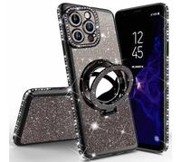 Miagon Bling Case for iPhone 12 Pro Max,Shiny Sparkle Electroplated Bumper Diamond Frame Glitter Makeup Mirror Ring Stand Silicone Protective Cover for Girls Women Black