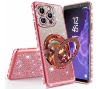 Miagon Bling Case for iPhone 13 Pro Max,Shiny Sparkle Electroplated Bumper Diamond Frame Glitter Makeup Mirror Ring Stand Silicone Protective Cover for Girls Women Rose Gold
