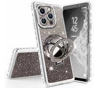 Miagon Bling Case for iPhone 14 Pro Max,Shiny Sparkle Electroplated Bumper Diamond Frame Glitter Makeup Mirror Ring Stand Silicone Protective Cover for Girls Women Silver