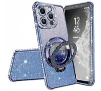 Miagon Bling Case for iPhone 14 Pro Max,Shiny Sparkle Electroplated Bumper Diamond Frame Glitter QuickSand Liquid Ring Stand Silicone Protective Cover Blue