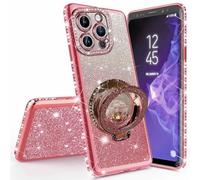 Miagon Bling Case for iPhone 15 Pro Max,Shiny Sparkle Electroplated Bumper Diamond Frame Glitter QuickSand Liquid Ring Stand Silicone Protective Cover Rose Gold