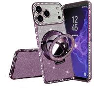 Miagon Bling Case for iPhone 17 Pro Max,Shiny Sparkle Electroplated Bumper Diamond Frame Glitter Makeup Mirror Ring Stand Silicone Protective Cover for Girls Women Purple