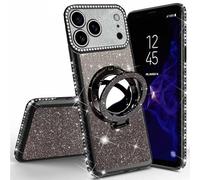 Miagon Bling Case for iPhone 17 Pro Max,Shiny Sparkle Electroplated Bumper Diamond Frame Glitter Makeup Mirror Ring Stand Silicone Protective Cover for Girls Women Black